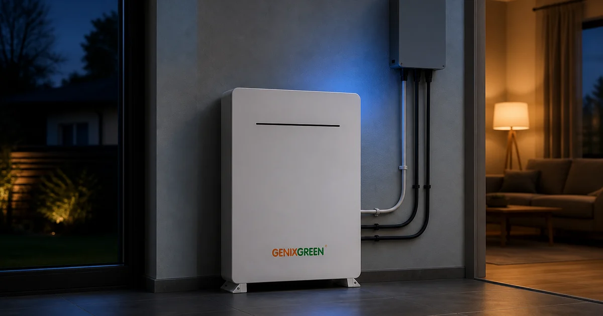 A Genixgreen LiFePO4 home backup battery installed on a utility wall in a Ukrainian home