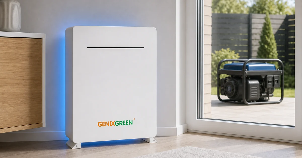 A quiet Genixgreen home battery indoors contrasted with a diesel generator kept idle outside