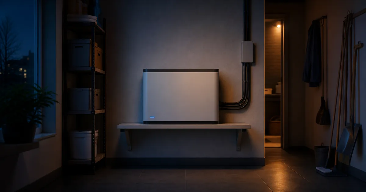 A LiFePO4 home battery module resting safely on a utility room shelf