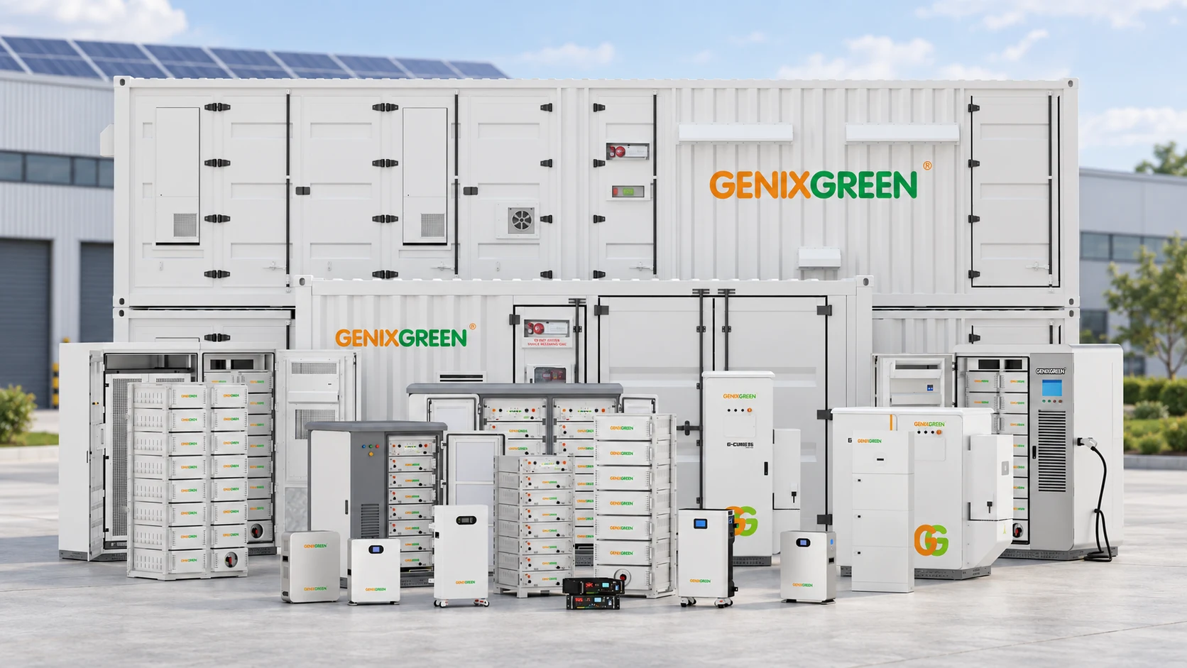 Genixgreen battery storage containers and cabinets with an industrial campus background; illustrative product montage.