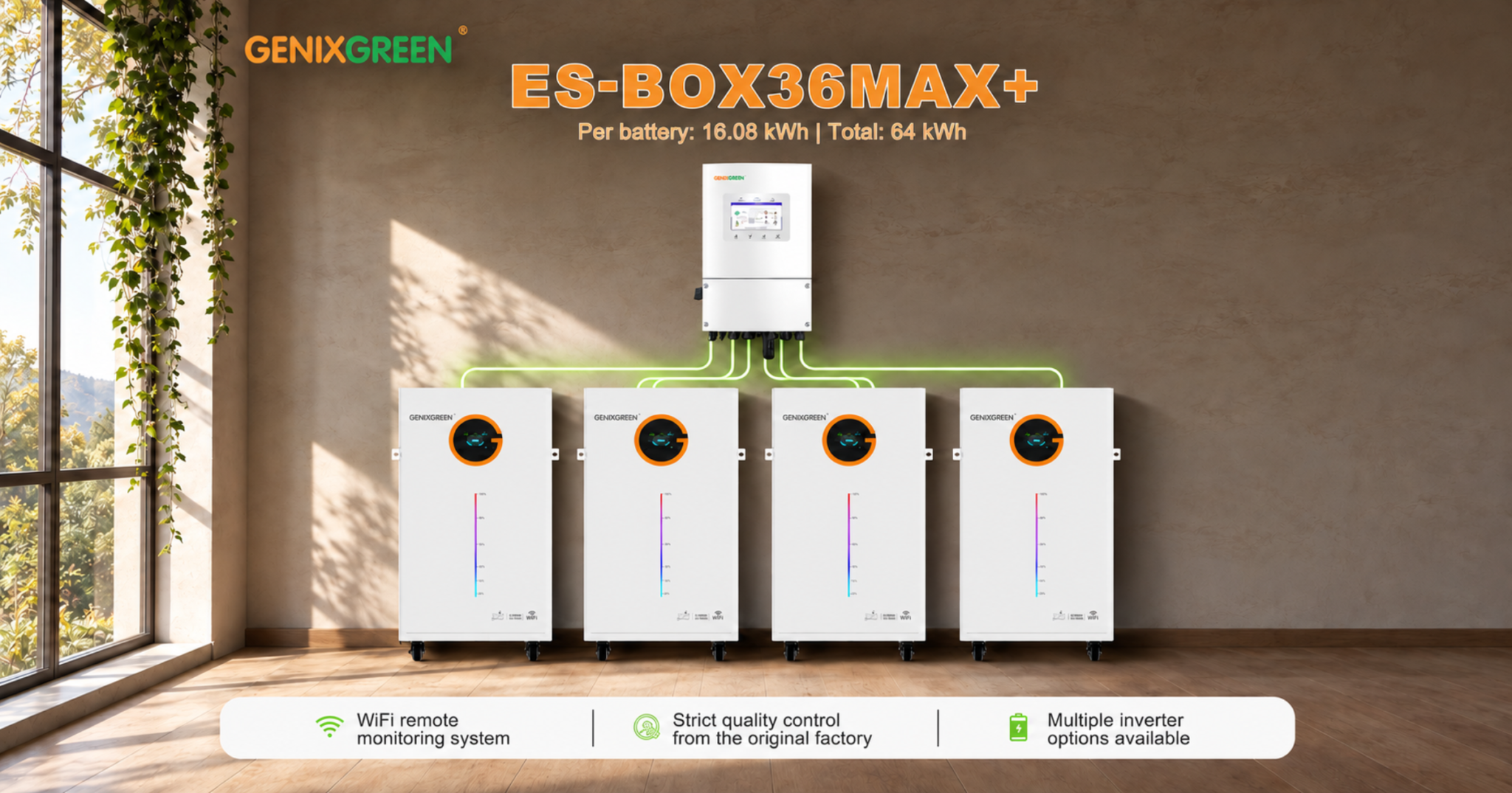 Four ES-BOX36 MAX+ batteries with an inverter, product system illustration