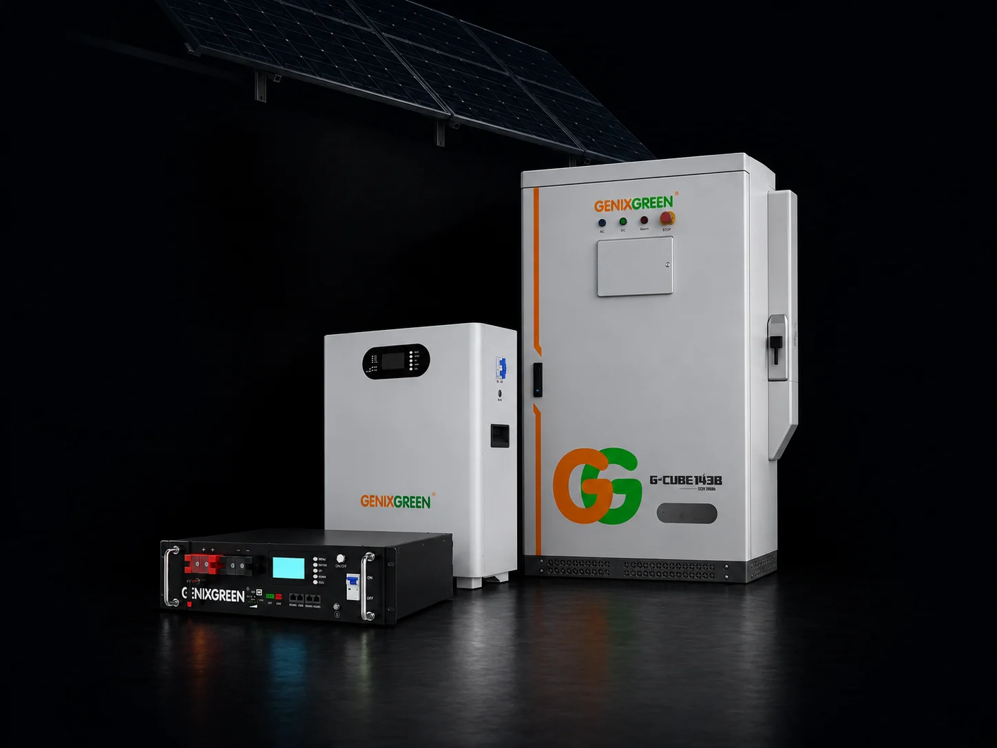 Genixgreen energy storage product range: ES-BOX36 PLUS, ESS-KS7 and G-CUBE cabinet, digitally composed from product references