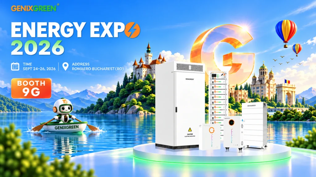 Афиша GENIXGREEN для ENERGY EXPO 2026 с системами хранения энергии, видом Бухареста, датами 24–26 сентября и стендом 9G.