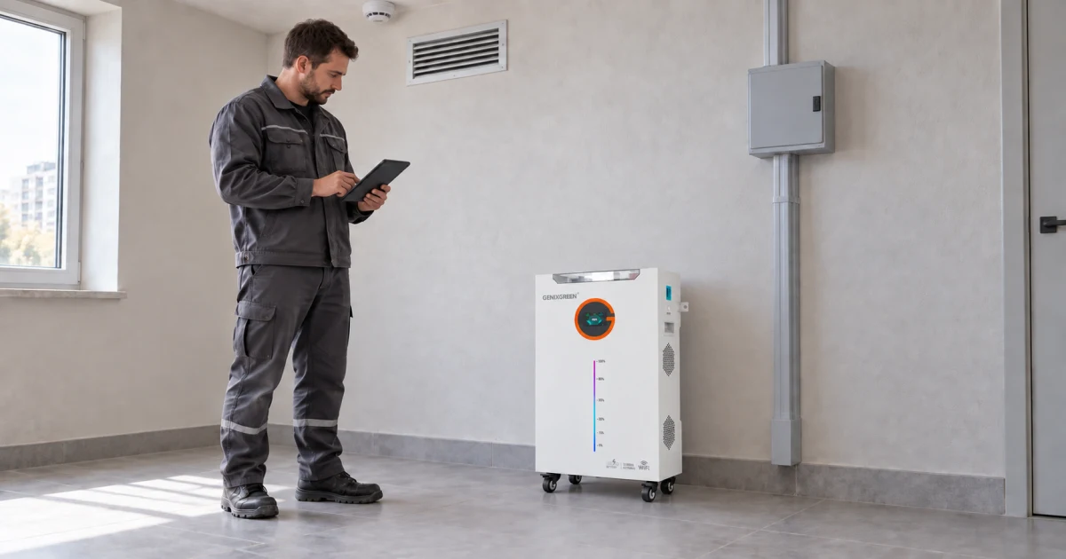 Ілюстрація перевірки акумулятора Genixgreen ES-BOX34 MAX+ фахівцем у технічному приміщенні
