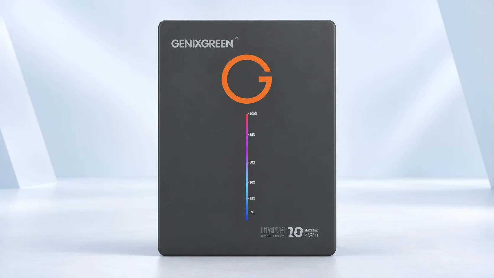Genixgreen home battery against a light blue-gray studio background; illustrative product image.