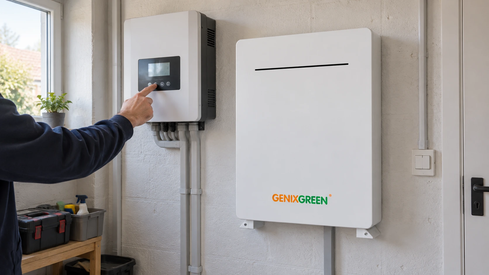 Настінна батарея Genixgreen поруч з інвертором, який налаштовують, концепт застосування, створений ШІ.