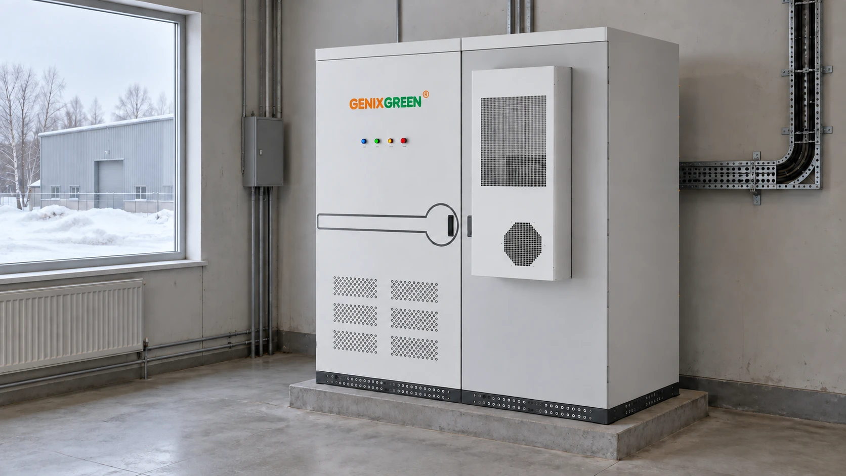 Шафа накопичення енергії Genixgreen у приміщенні, зі снігом за вікном, концепт застосування, створений ШІ.